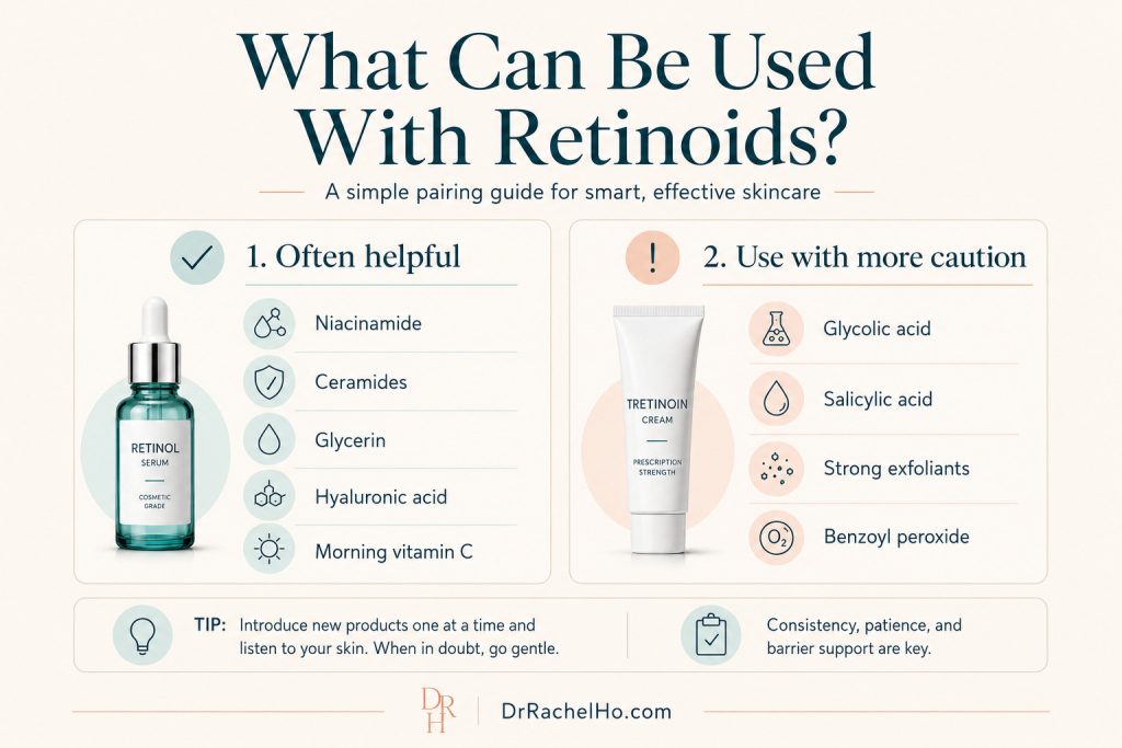 Retinoid pairing guide comparing niacinamide, ceramides and hydrating ingredients with acids and benzoyl peroxide.