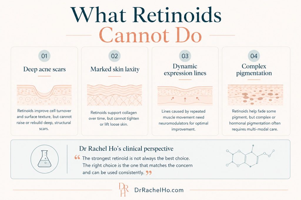 Retinoid safety infographic listing pregnancy, barrier damage, severe redness, recent procedures and active eczema or rosacea.