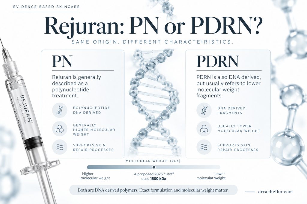 Comparison of Rejuran PN and PDRN terminology, showing molecular weight differences and a proposed 1500 kDa boundary.