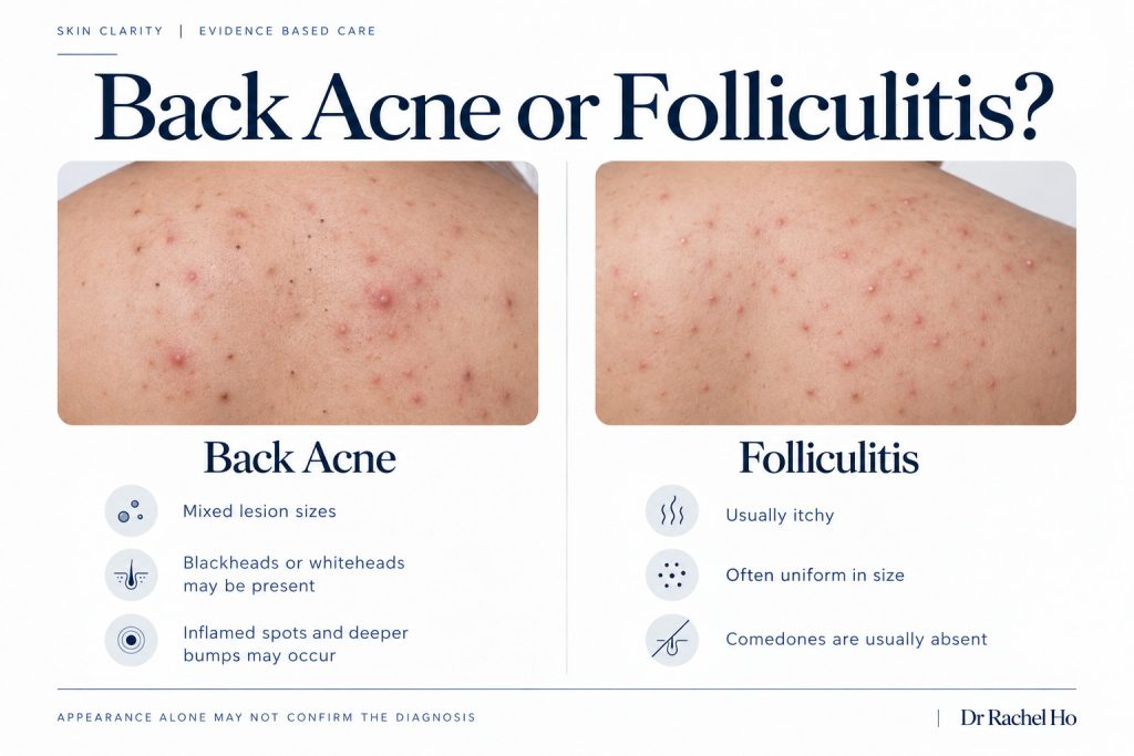 Comparison of mixed back acne lesions and uniform follicular bumps, with notes on comedones and itching.