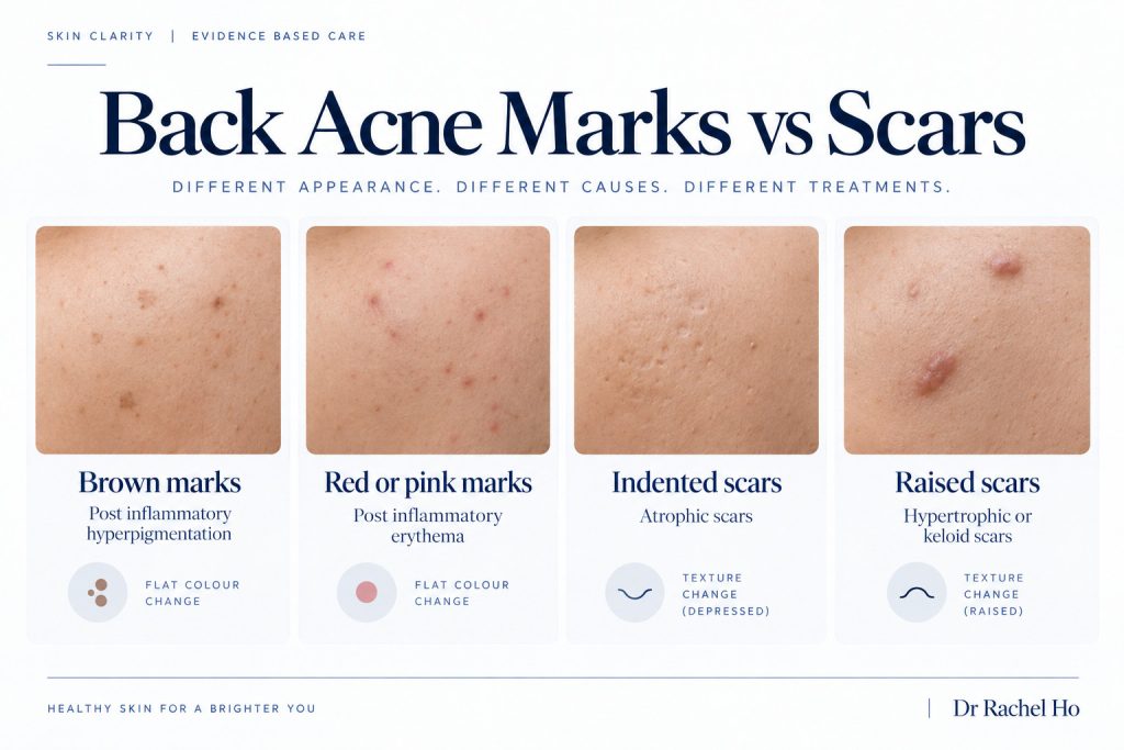 Four illustrated back acne lesion types: comedones, papules, pustules and deeper nodules.