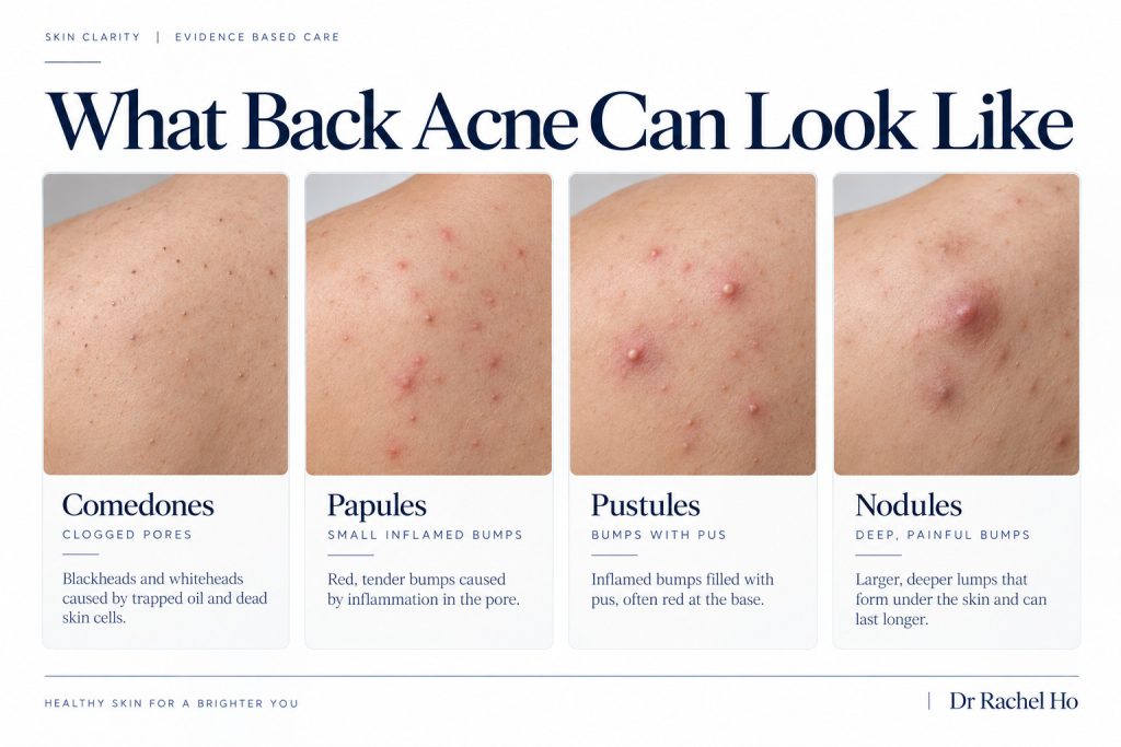 Four illustrated changes after back acne: flat brown marks, flat red or pink marks, indented scars and raised scars.