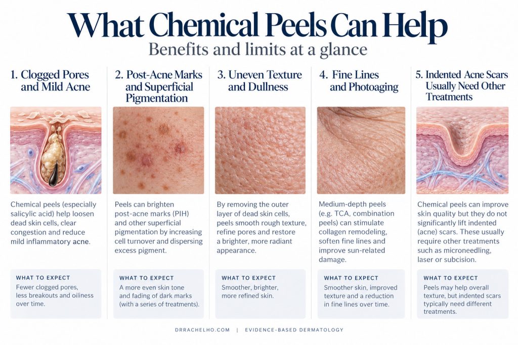 Skin illustrations comparing chemical peel benefits for clogged pores, brown marks, texture and fine lines, with limitations for indented scars.