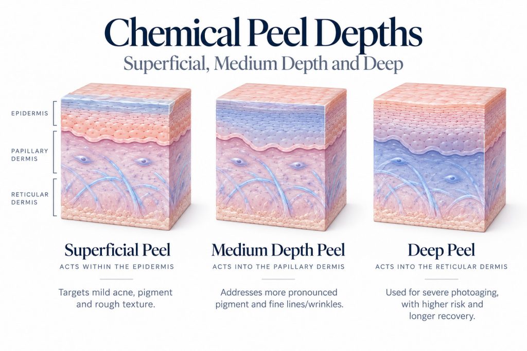 Three skin cross sections comparing superficial, medium depth and deep chemical peels against labelled epidermal and dermal layers.