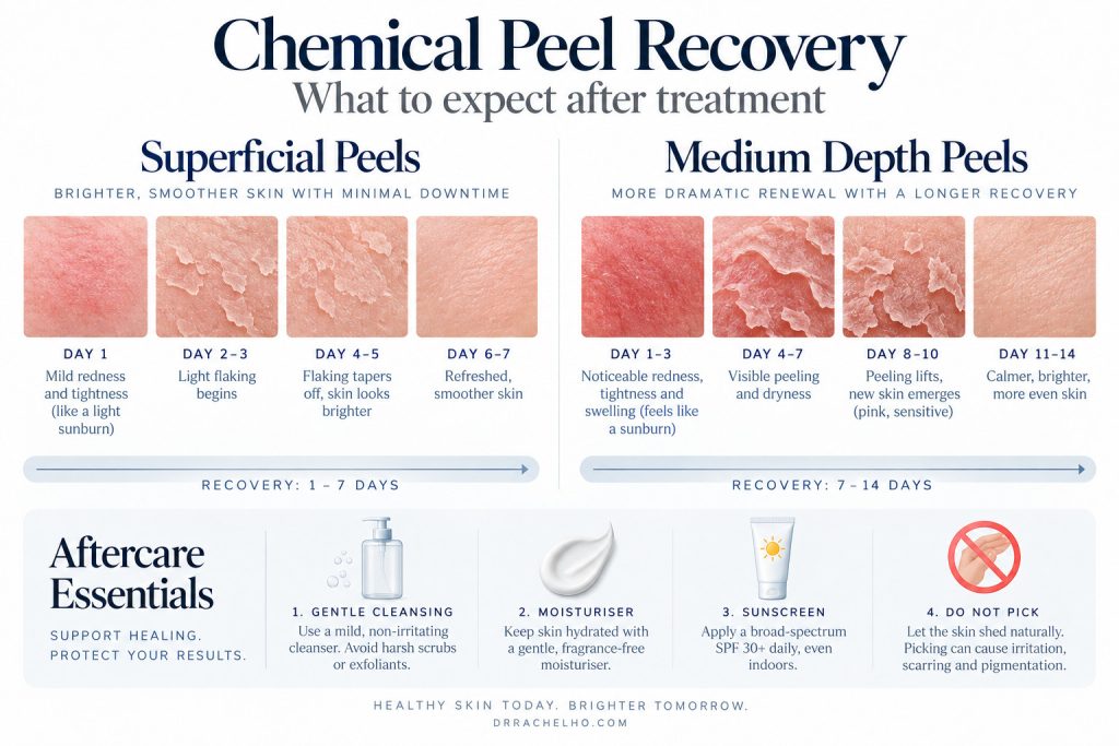 Chemical peel recovery comparison with illustrated redness and flaking, typical healing ranges and four aftercare reminders.