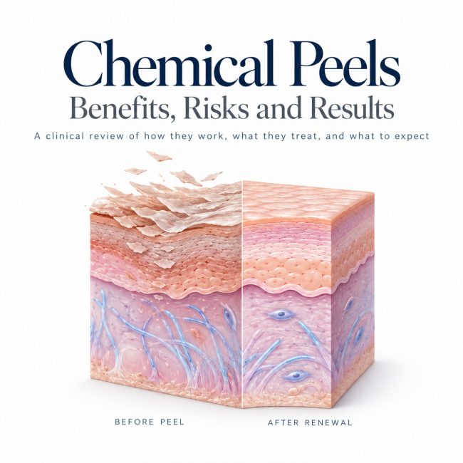 Chemical peel review cover with a skin cross section illustrating exfoliation and renewal beneath the title Benefits, Risks and Results.