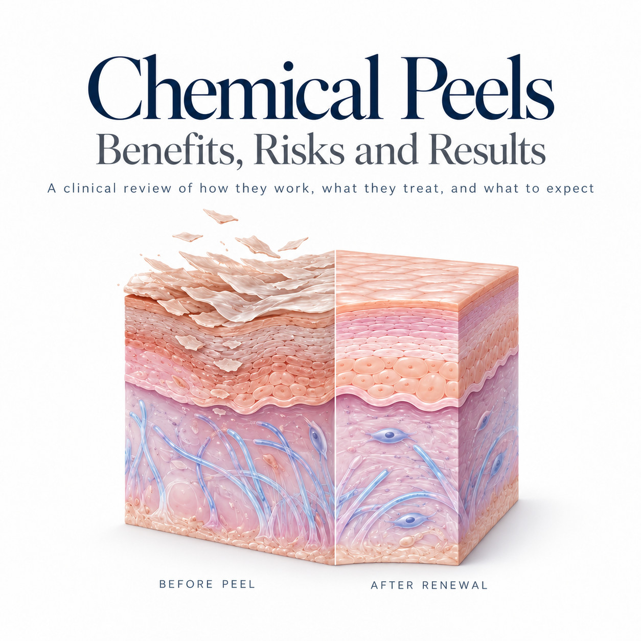 Chemical peel review cover with a skin cross section illustrating exfoliation and renewal beneath the title Benefits, Risks and Results.