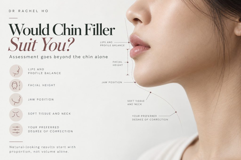 Facial profile diagram showing the lips, chin, jawline and neck considered during chin filler assessment.