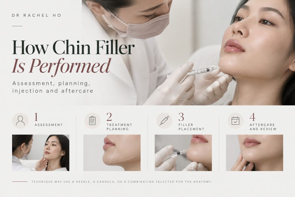 Illustrated chin filler procedure showing assessment, treatment planning, filler placement, aftercare and review.