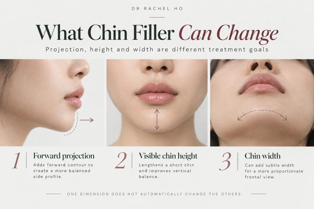 Three chin views illustrating forward projection, visible height and width as separate filler treatment goals.