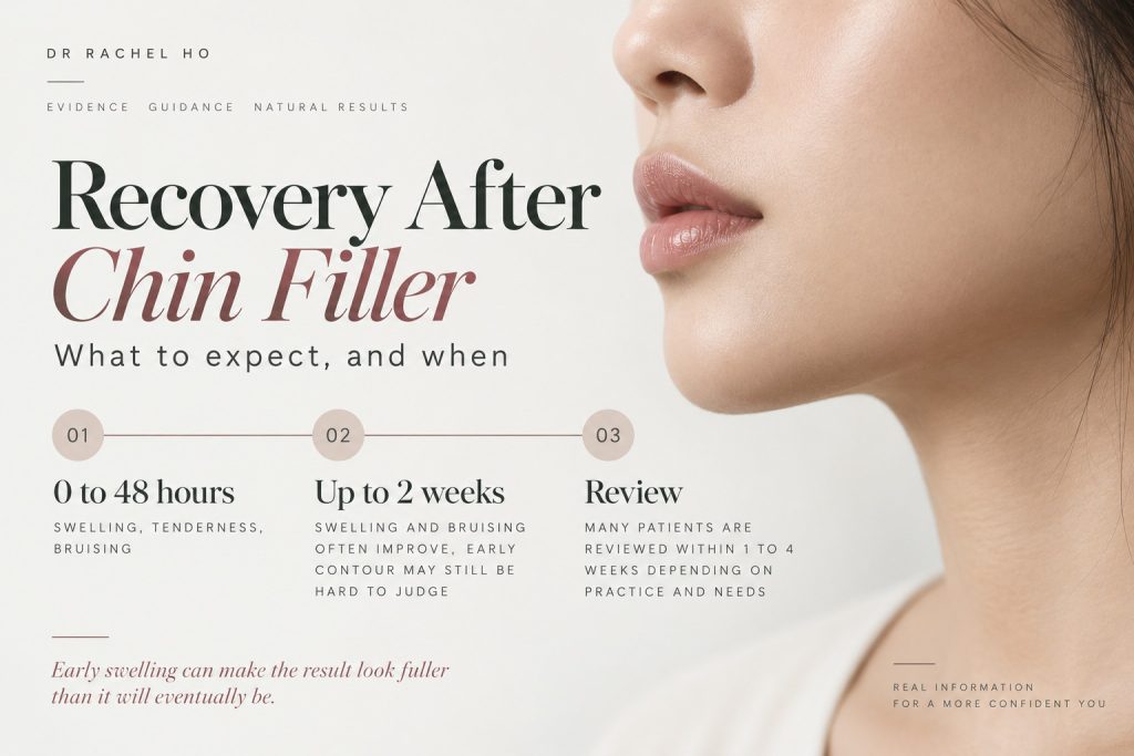 Chin filler recovery timeline showing early swelling, tenderness and bruising, followed by review of the contour.