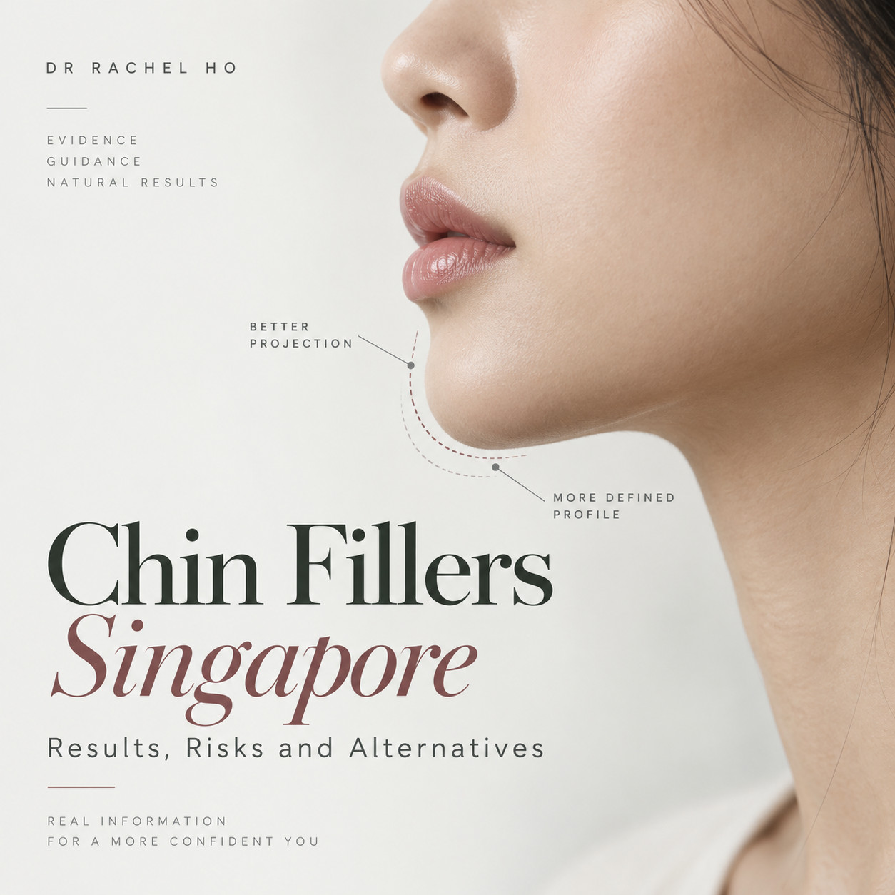 Illustrated side profile with chin contour guides for Dr Rachel Ho’s review of chin fillers in Singapore.