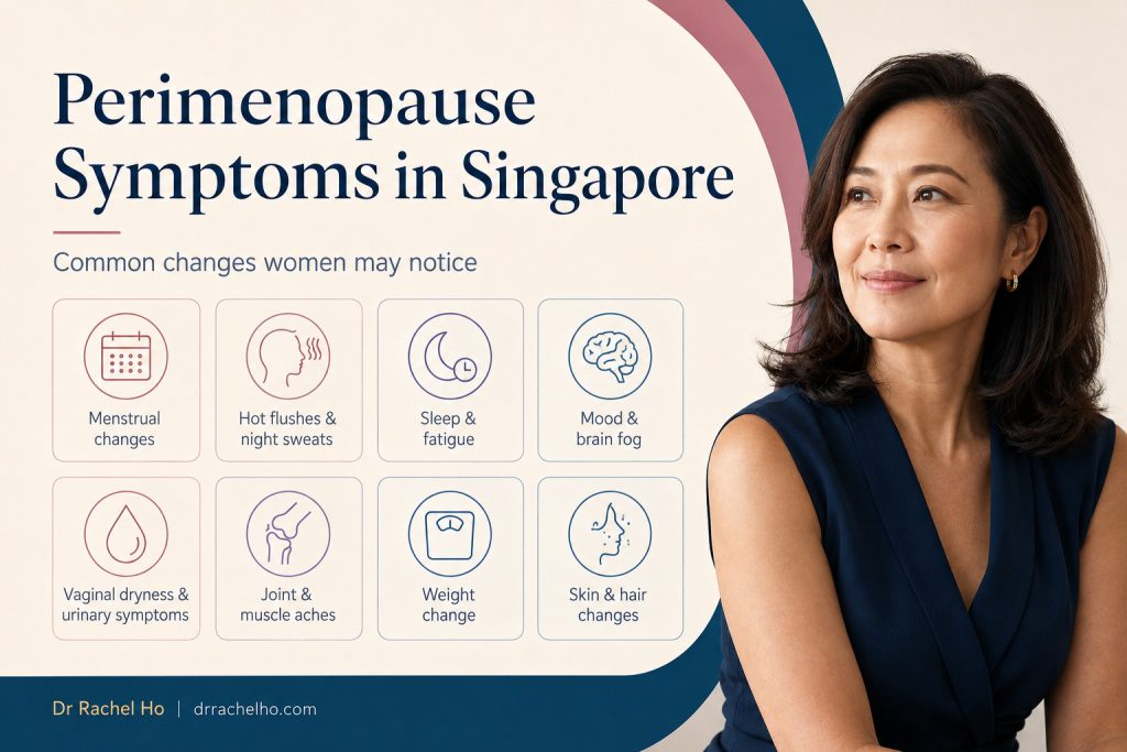 Common perimenopause symptoms in Singapore including menstrual changes, hot flushes, poor sleep, brain fog, vaginal dryness, joint aches and skin changes.