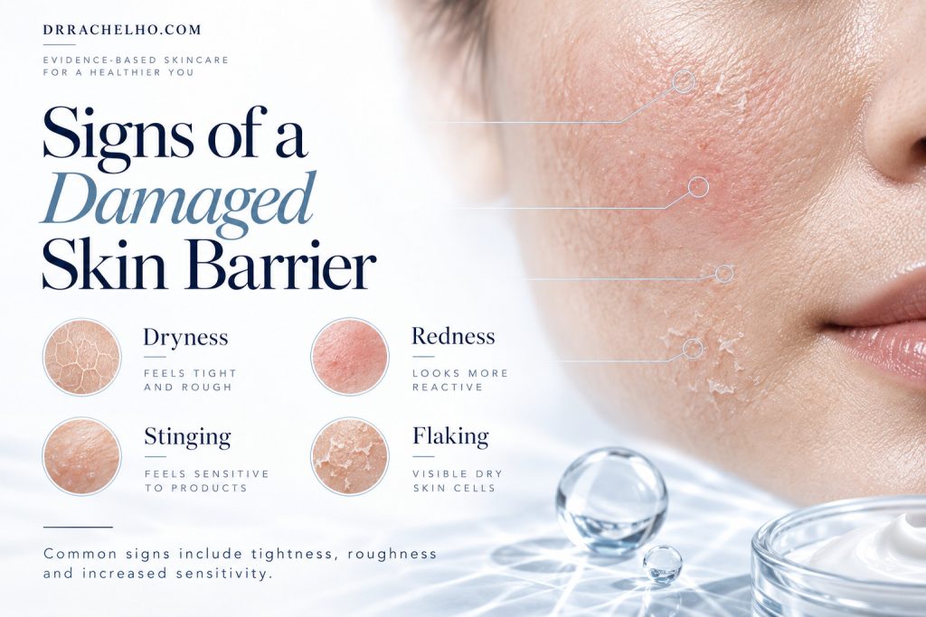 Skin barrier symptom infographic showing dryness, redness, stinging and flaking beside an illustrated facial close up.