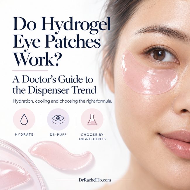 Woman wearing a pink hydrogel eye patch beside the title Do Hydrogel Eye Patches Work? and Dr Rachel Ho’s guide.