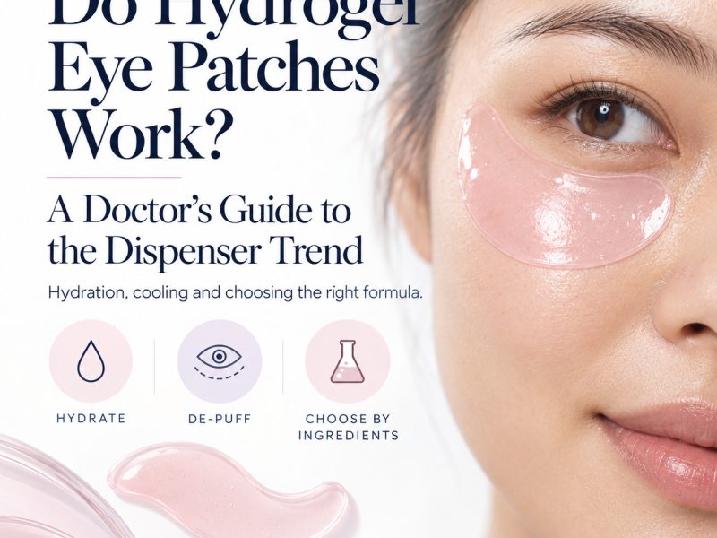 Woman wearing a pink hydrogel eye patch beside the title Do Hydrogel Eye Patches Work? and Dr Rachel Ho’s guide.