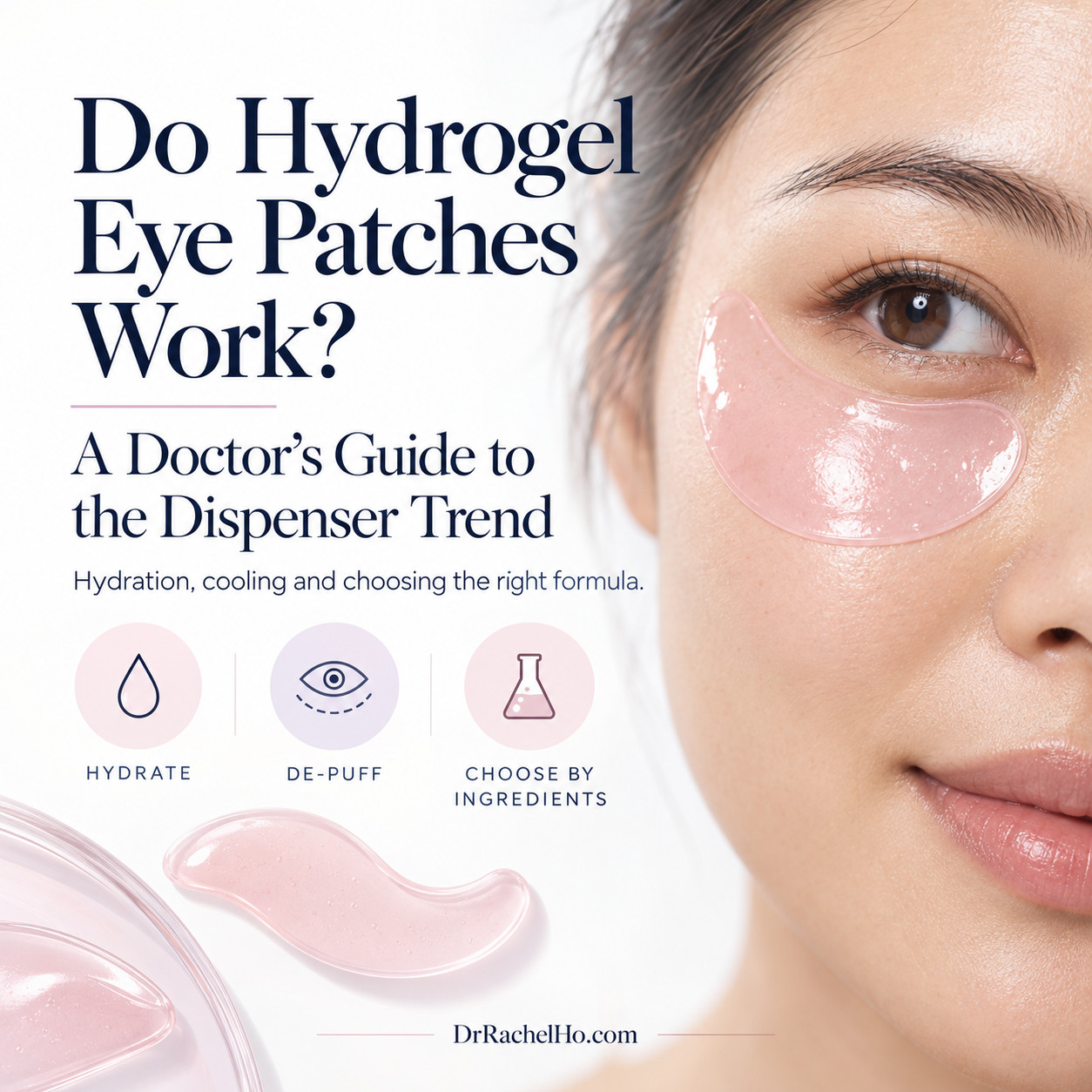 Woman wearing a pink hydrogel eye patch beside the title Do Hydrogel Eye Patches Work? and Dr Rachel Ho’s guide.