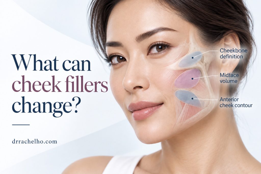 Cheek filler anatomy infographic showing cheekbone definition, midface volume and anterior cheek contour explained by Dr Rachel Ho in Singapore