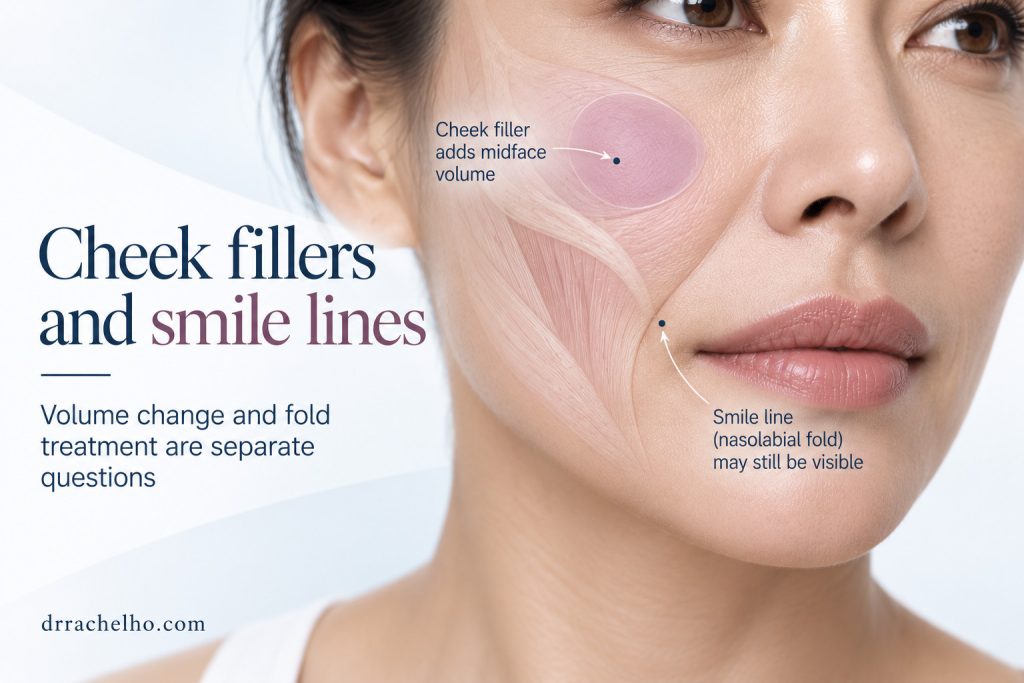 Cheek filler and smile lines infographic explaining that midface volume and nasolabial fold treatment are separate questions in Singapore