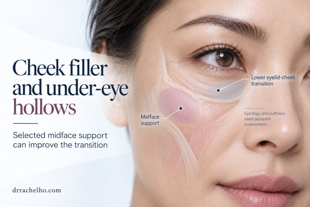 Cheek filler and under eye hollows infographic showing lower eyelid cheek transition and midface support explained by Dr Rachel Ho in Singapore