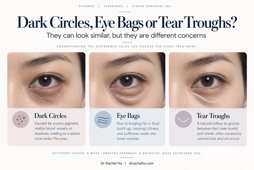 Three illustrated eye crops comparing under eye darkness, a protruding eye bag and a hollow tear trough.