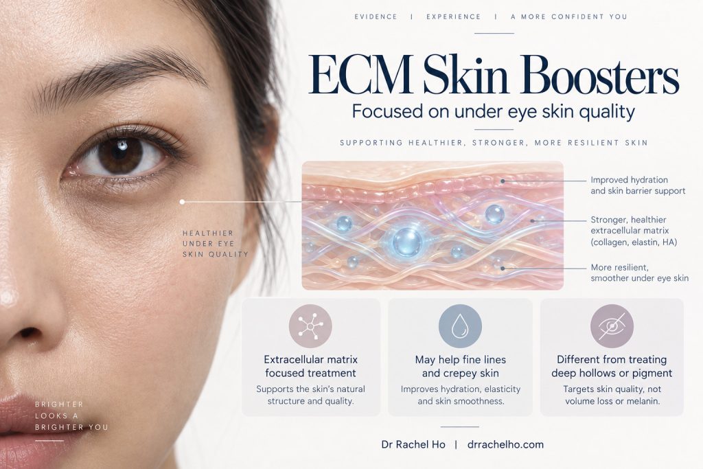 Under eye ECM skin booster illustration with a dermal matrix schematic and notes on skin quality, hydration and fine lines.