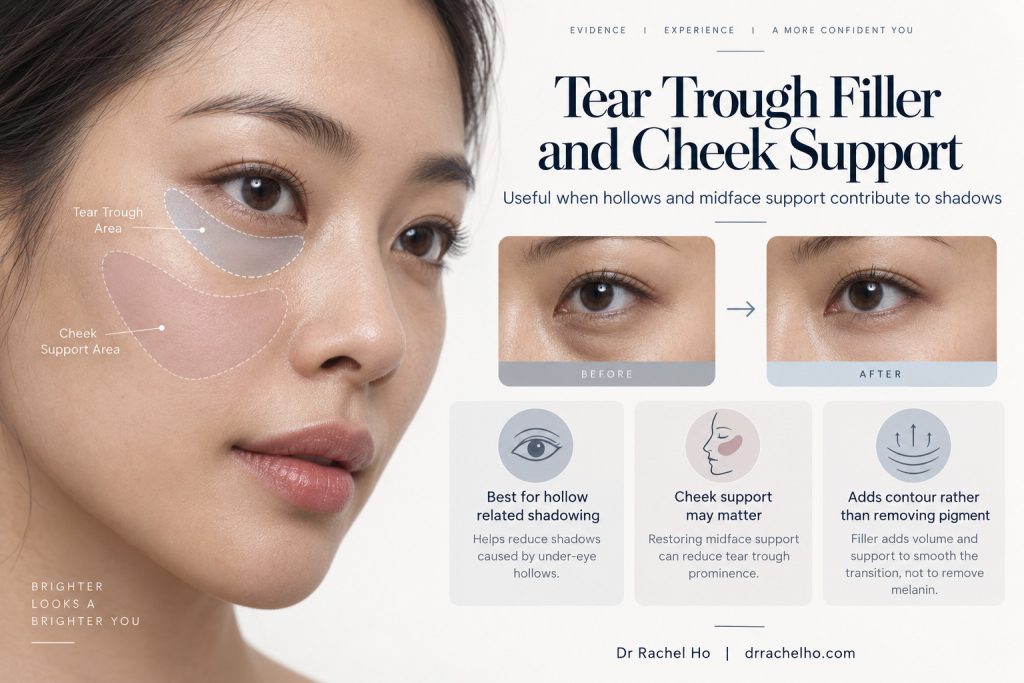 Illustrated tear trough and cheek support areas with simulated contour changes, not actual patient before and after photographs.
