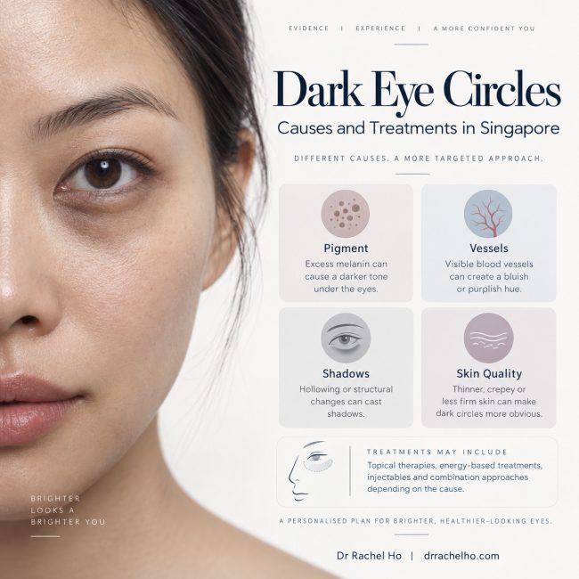 Dark eye circles guide by Dr Rachel Ho, showing an under eye close up and pigment, vessels, shadows and skin quality.