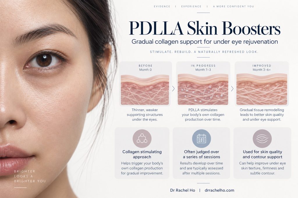 PDLLA skin booster diagram illustrating gradual tissue remodelling, with notes on under eye skin quality and contour.