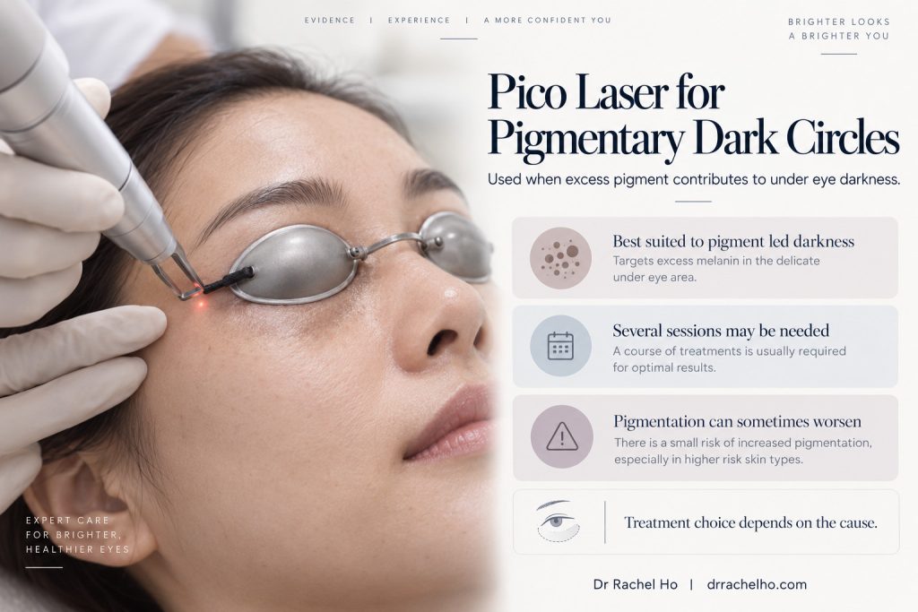Illustrative pico laser scene with metal eye shields and notes on pigmentary dark circles, treatment sessions and pigmentation risk.