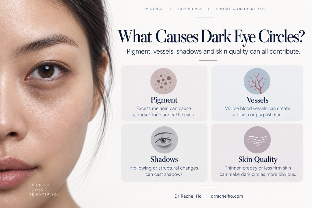 Dark eye circle causes illustrated as pigment, visible vessels, structural shadows and changes in under eye skin quality.