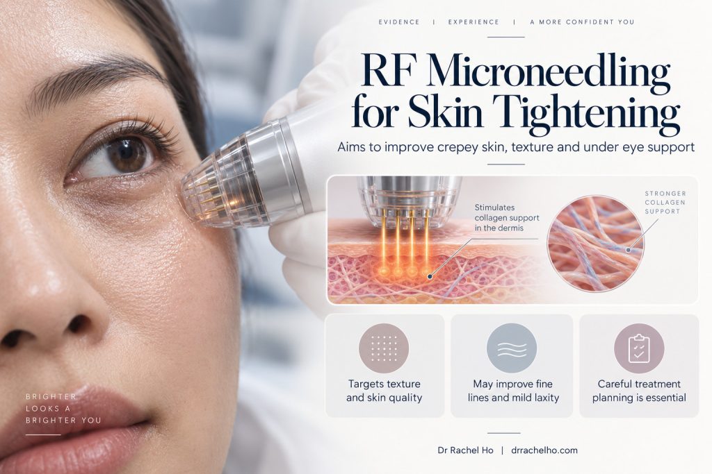 RF microneedling illustration for under eye skin texture, with a skin section showing dermal energy delivery and collagen remodelling.