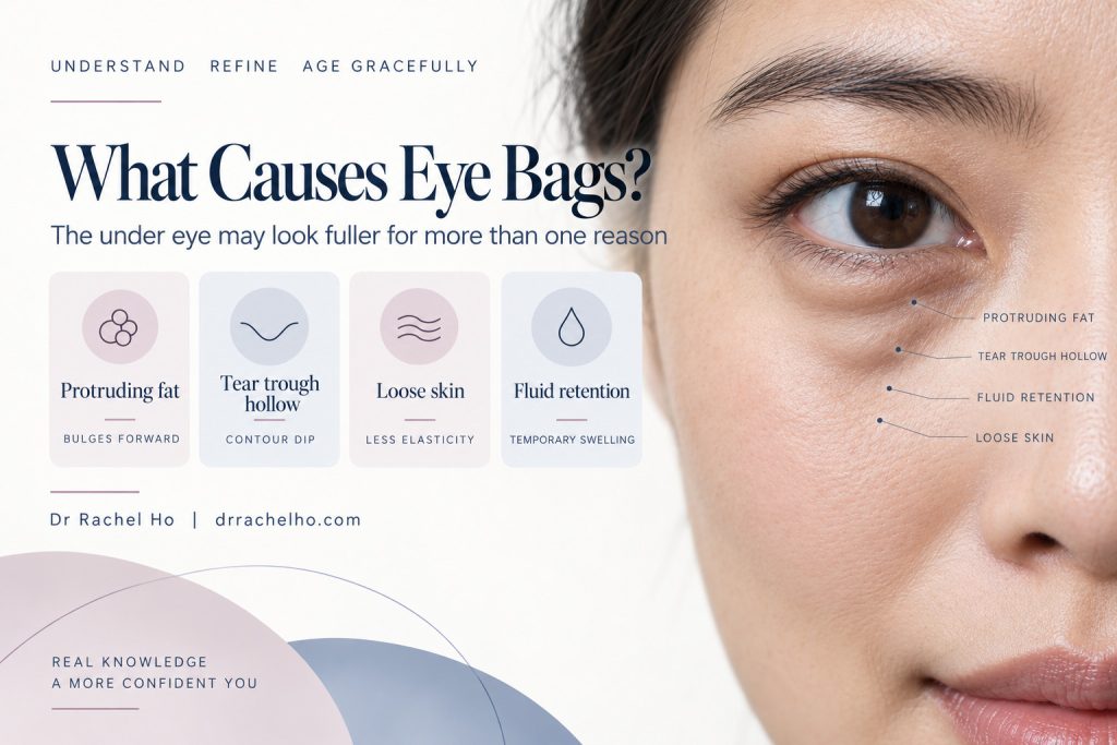 Illustration showing how protruding fat, tear trough hollowing, loose skin and fluid retention contribute to eye bag appearance.