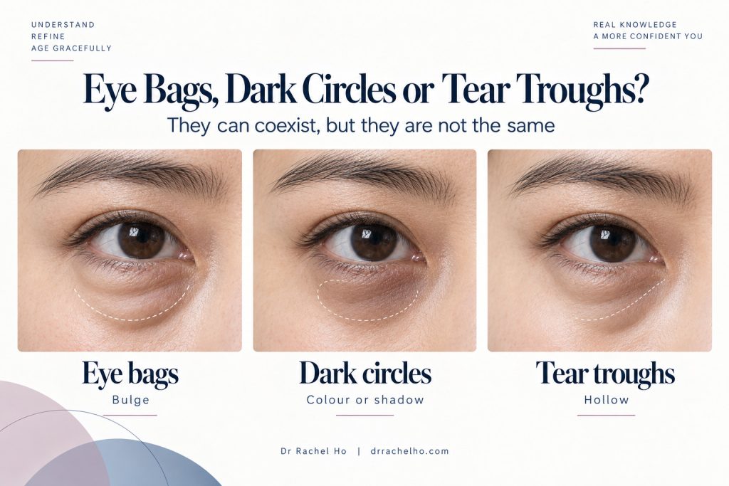 Eye illustrations comparing a bulging eye bag, dark under eye colour or shadow, and a hollow tear trough.