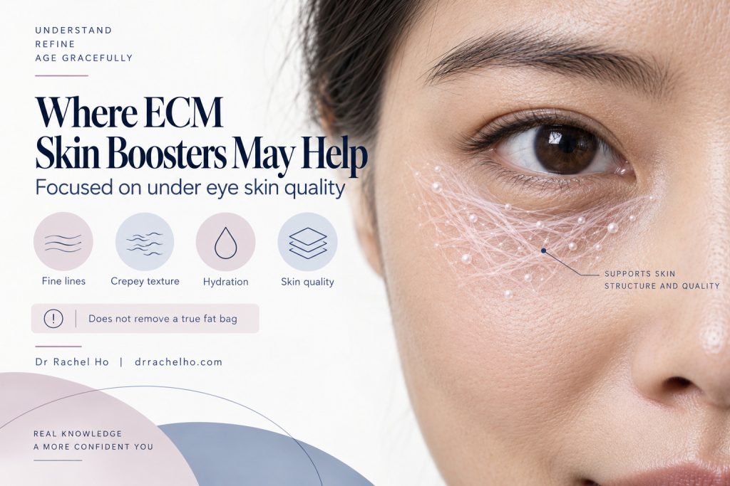 ECM skin booster diagram highlighting under eye fine lines, crepey texture, hydration and skin quality.