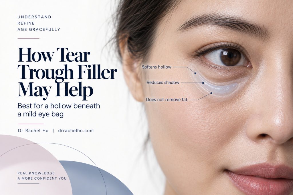Tear trough filler schematic showing a hollow beneath an eye bag being softened, without removing orbital fat.