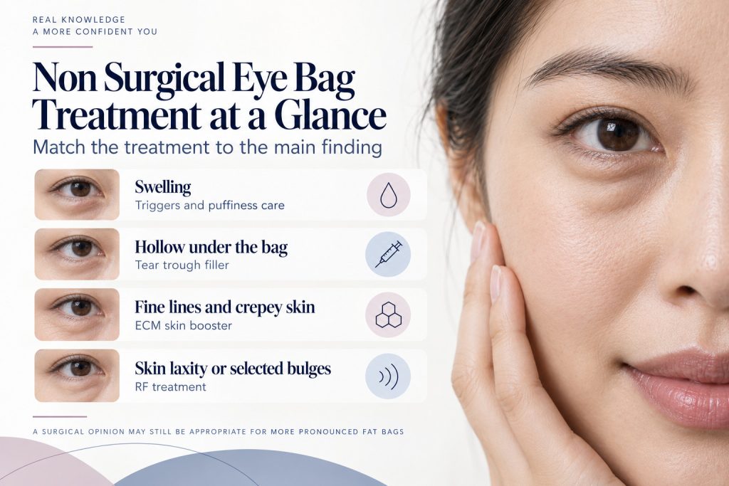 Eye bag treatment chart matching swelling, hollows, crepey skin and selected bulges to different treatment approaches.