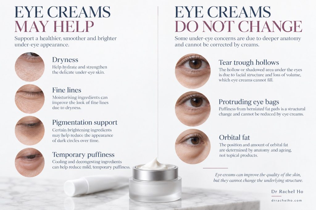 Comparison of eye cream benefits for dryness, fine lines and selected pigmentation with limits for hollows and protruding fat bags.
