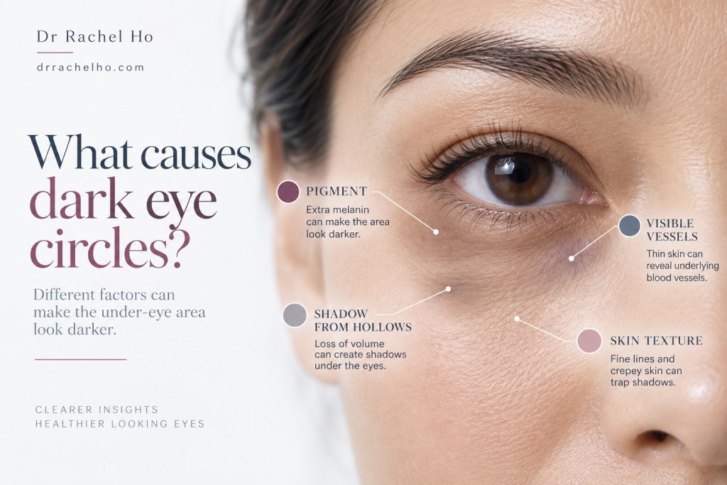 Under eye illustration identifying pigment, visible vessels, shadows from hollows and skin texture as contributors to darkness.
