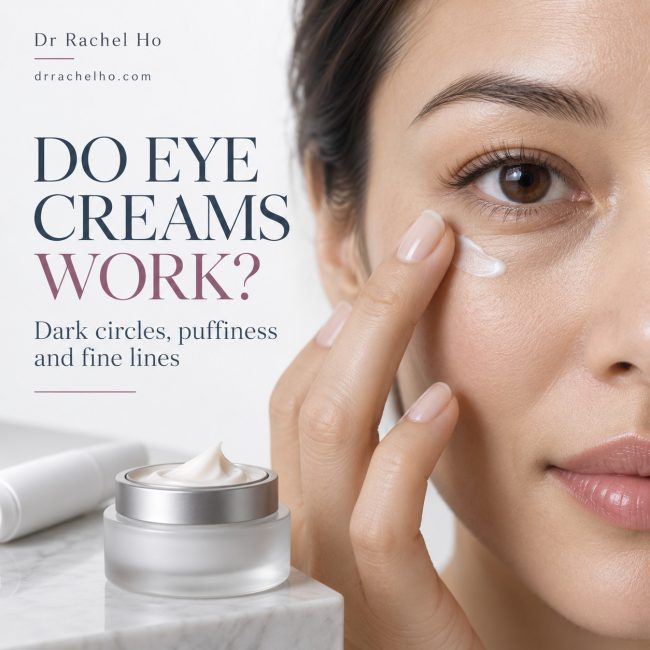 Woman applying eye cream beneath her eye beside the heading Do Eye Creams Work? and an unbranded cream jar.