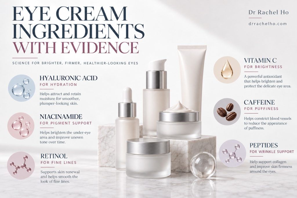 Eye cream ingredient chart listing hyaluronic acid, niacinamide, retinol, vitamin C, caffeine and peptides.