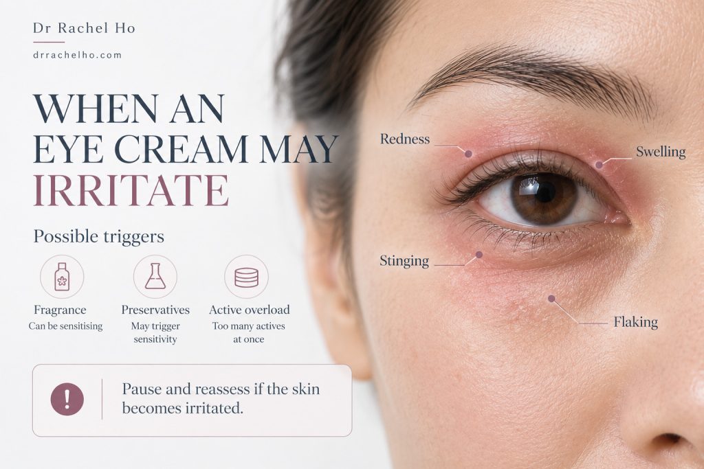 Illustrated eyelid irritation with redness, swelling, stinging and flaking, alongside possible skincare triggers.