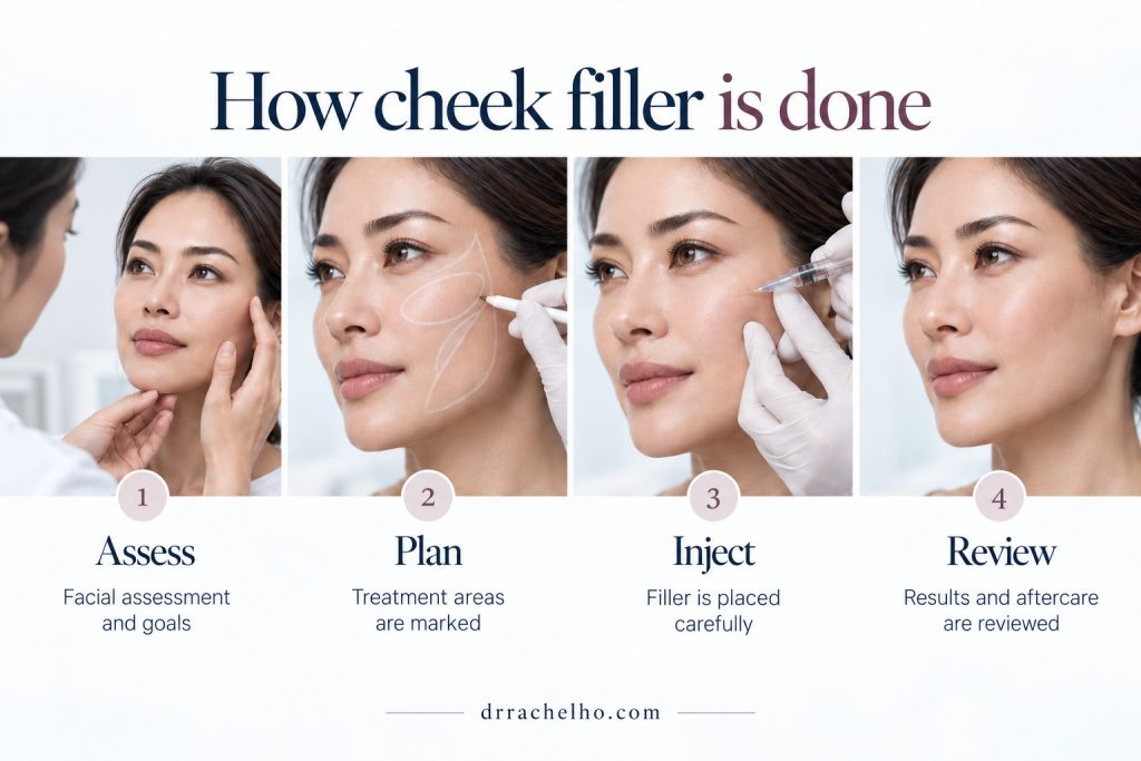 Step by step cheek filler procedure infographic showing assess, plan, inject and review explained by Dr Rachel Ho in Singapore