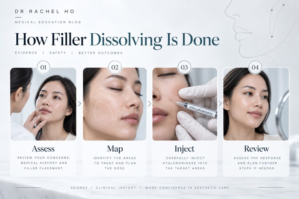 Step by step infographic showing filler dissolving with hyaluronidase including assessment mapping injection and review in Singapore