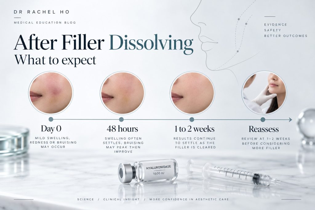 Recovery timeline after filler dissolving with hyaluronidase showing day zero forty eight hours one to two weeks and reassessment