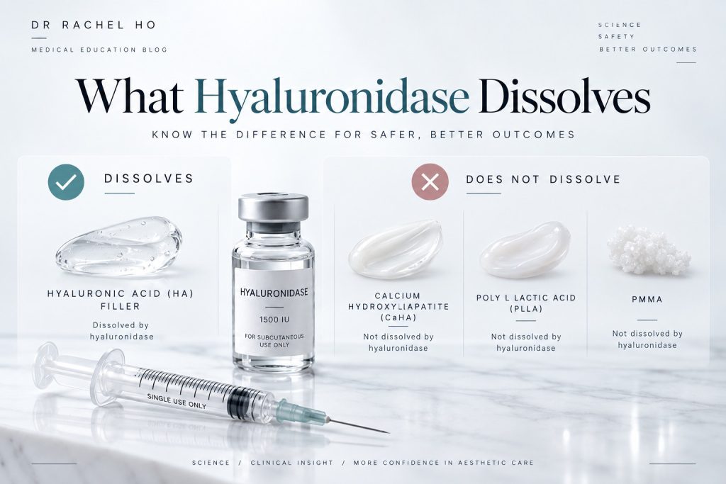 Infographic by Dr Rachel Ho showing which dermal fillers hyaluronidase can dissolve and which materials it does not dissolve