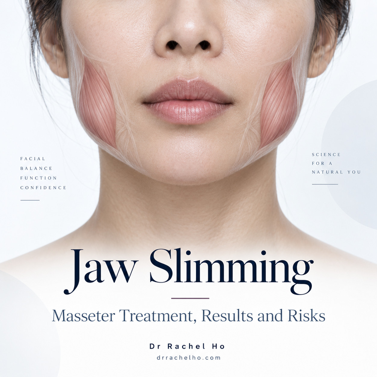 Jaw slimming guide by Dr Rachel Ho with a lower face illustration highlighting both masseter muscles.