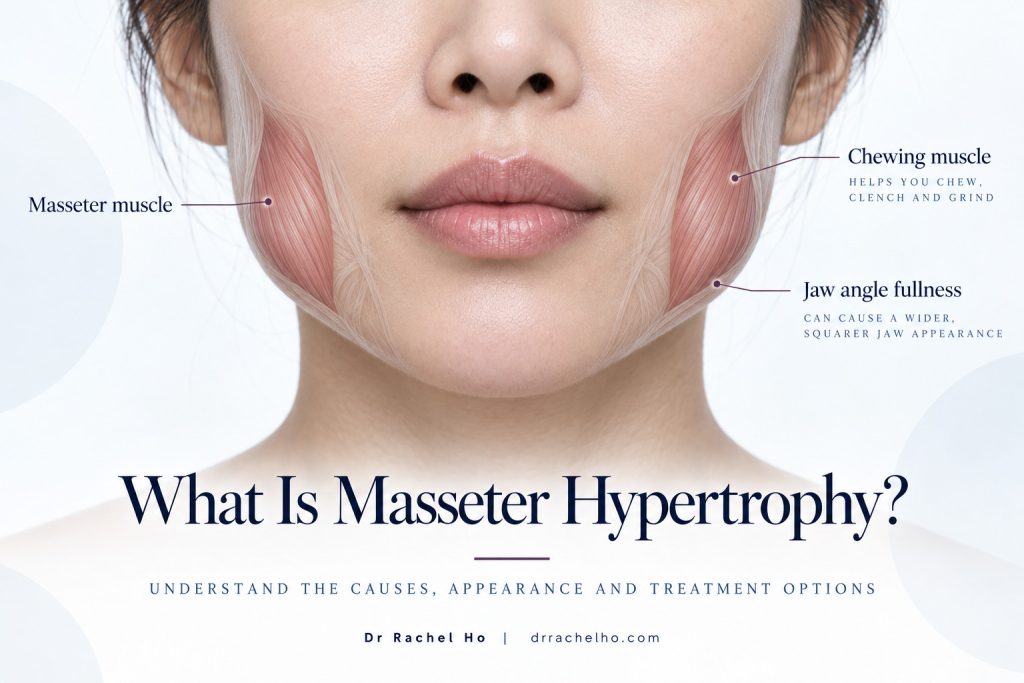 Lower face illustration identifying the masseter muscles and their contribution to fullness at the jaw angles.