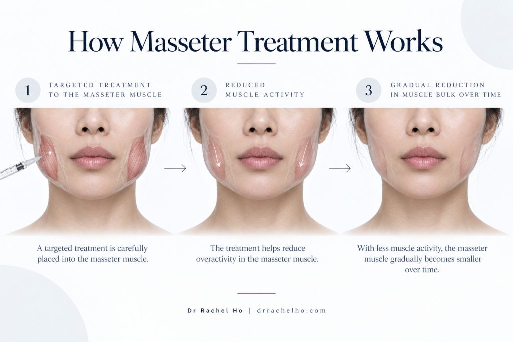 Three step schematic of masseter treatment, reduced muscle activity and gradual reduction in muscle bulk.