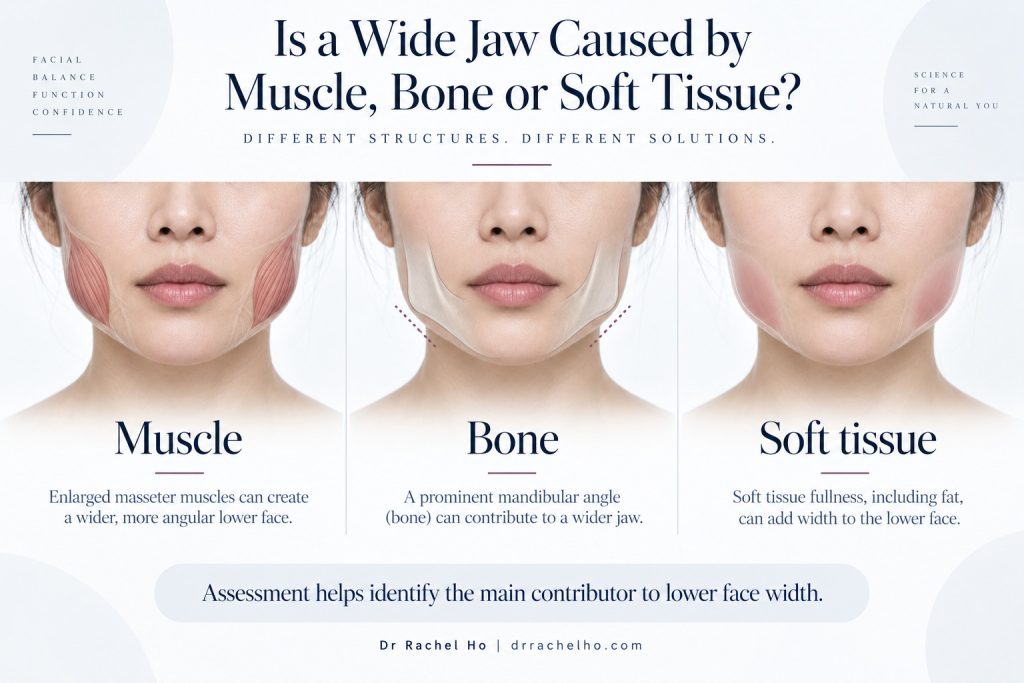 Three lower face illustrations comparing masseter muscle prominence, mandibular bone shape and soft tissue fullness.